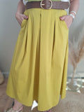Jupe midi vert olive à plis – Taille unique